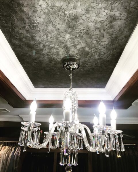 Dark Gray Textured Finish Applied to a Coffered Ceiling